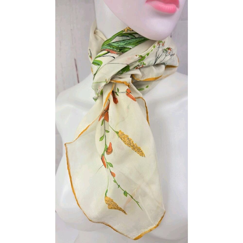 Vtg Silk Blend Hand Rolled Scarf Floral Meadow @ 30 x 30" Orange Yellow Green